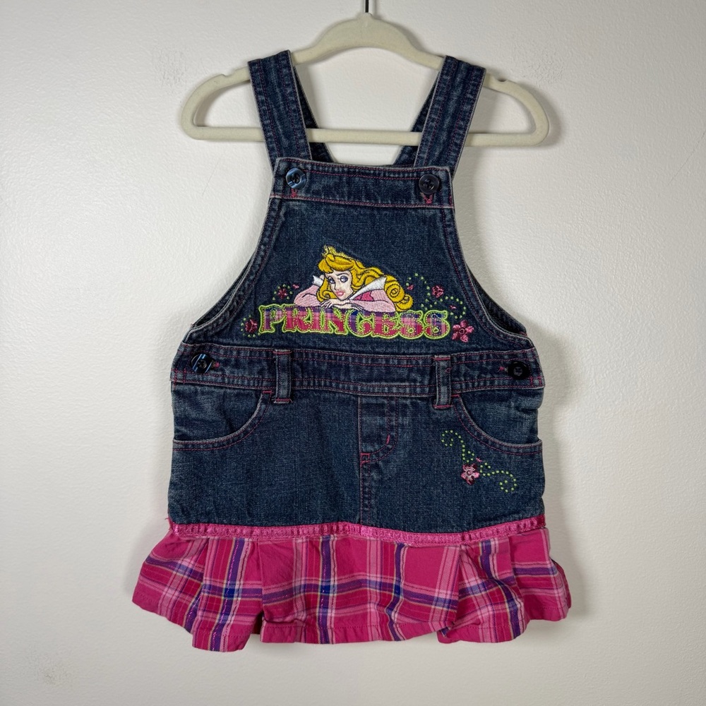Y2K Disney Princess Denim Overall Dress Embroidered Kid’s Size 2T Plaid Retro - Picture 2 of 6